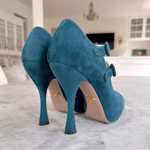 Prada suede teal double strap shoe 37 - Picture 5 of 14
